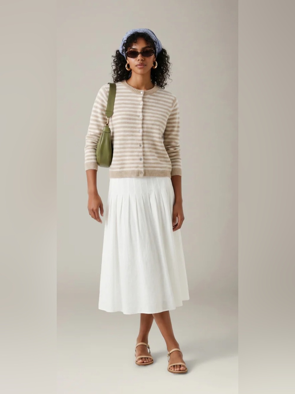 Lovefinn Stripe Crewneck Cardigan - Tan/White Combo - Size Large - NWT
